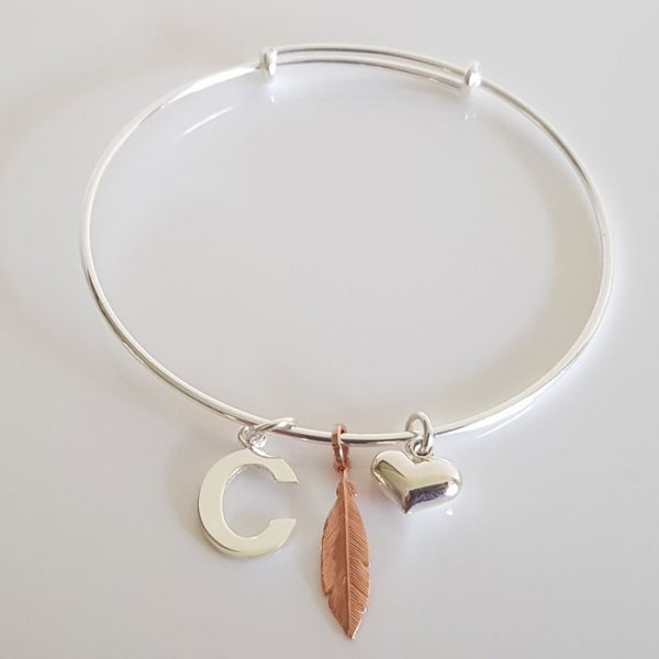 April Bangle Initial Feather Charm