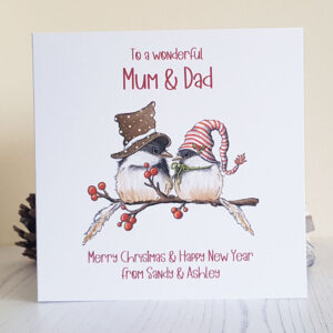 Personalised Two Birds Merry Christmas Card Mum & Dad
