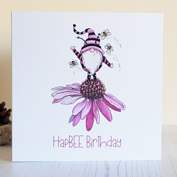 Gnome Pink Birthday Card 338 Gnome BEE Pink Birthday Card
