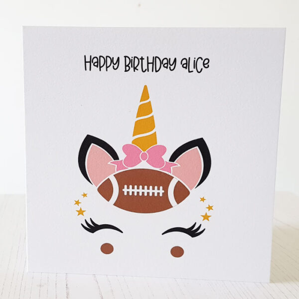 Personalised Unicorn Rugby Ball CardUnicorn Rugby Ball Birthday Card 385